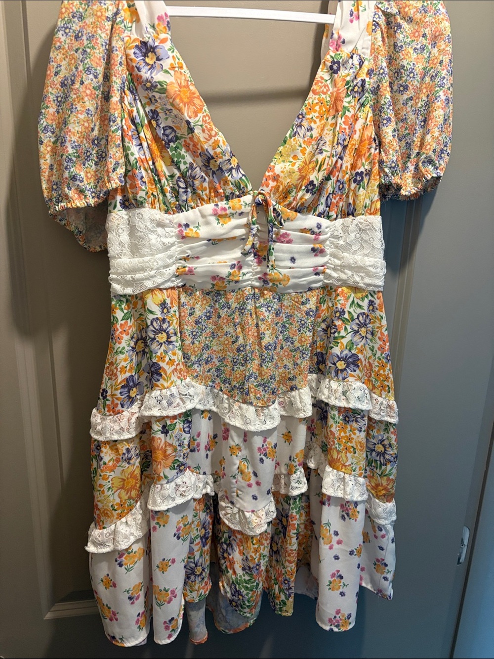 Altar'd State White Floral Tiered Midi Dress with Yellow & Purple Flowers